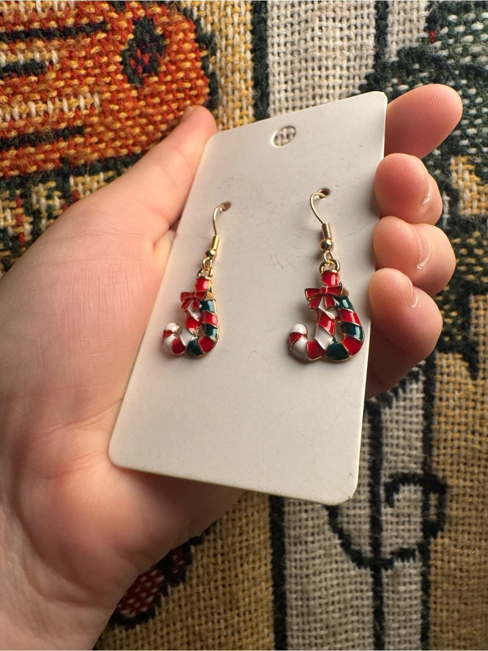 Holiday Red & Green Candy Cane Drop Earrings with Gold Accents